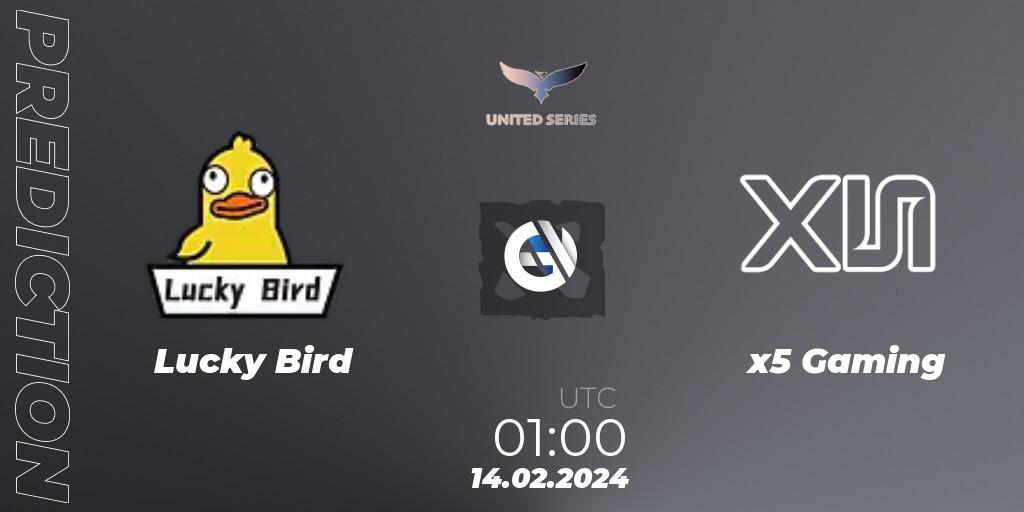 Lucky Bird contre x5 Gaming : prédiction de match. 14.02.2024 at 01:00. Dota 2, United Series 1