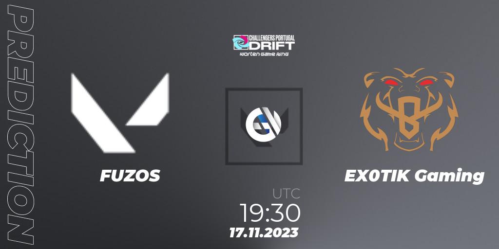 FUZOS contre EX0TIK Gaming : prédiction de match. 17.11.2023 at 19:30. VALORANT, VALORANT Challengers 2023 Portugal: Drift