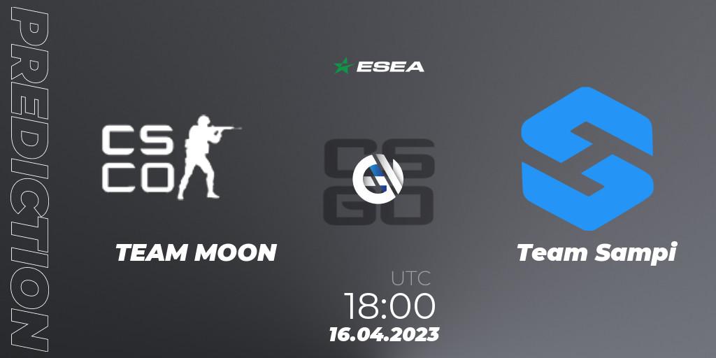 TEAM MOON contre Team Sampi : prédiction de match. 26.04.2023 at 16:00. Counter-Strike (CS2), ESEA Season 45: Advanced Division - Europe