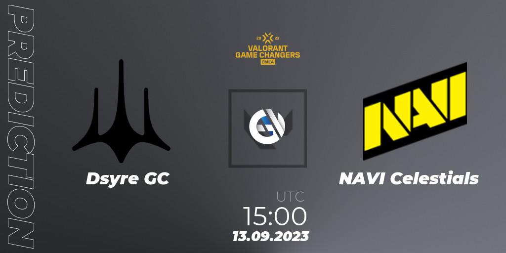 Dsyre GC contre NAVI Celestials : prédiction de match. 13.09.2023 at 15:00. VALORANT, VCT 2023: Game Changers EMEA Stage 3 - Group Stage