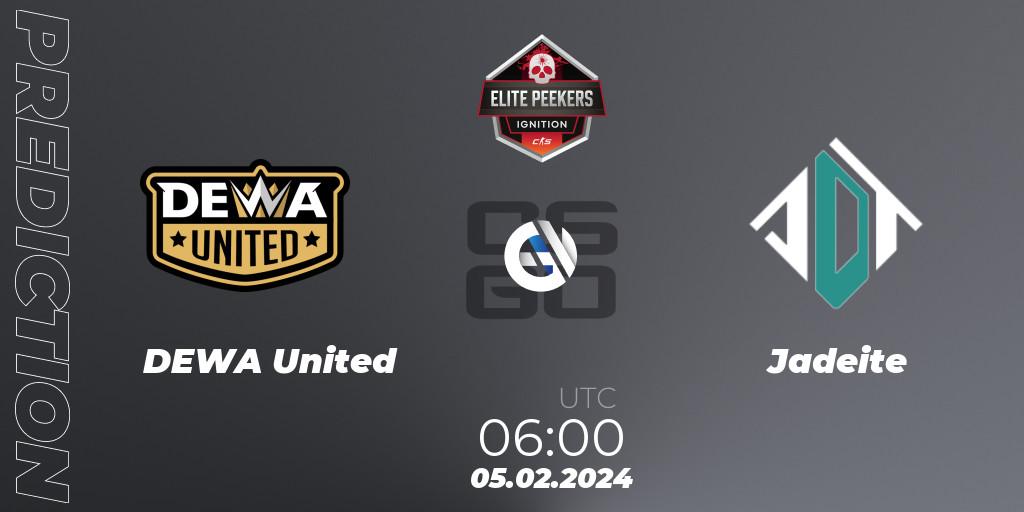 DEWA United contre Jadeite : prédiction de match. 04.02.2024 at 09:00. Counter-Strike (CS2), Elite Peekers Ignition
