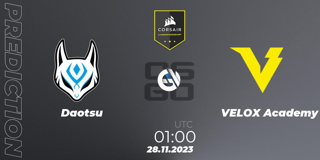 Daotsu contre VELOX Academy : prédiction de match. 28.11.2023 at 01:30. Counter-Strike (CS2), Corsair Championship 2023
