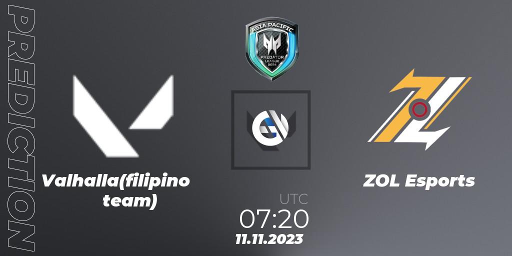 Valhalla(filipino team) contre ZOL Esports : prédiction de match. 11.11.2023 at 12:00. VALORANT, Predator League Philippines 2024