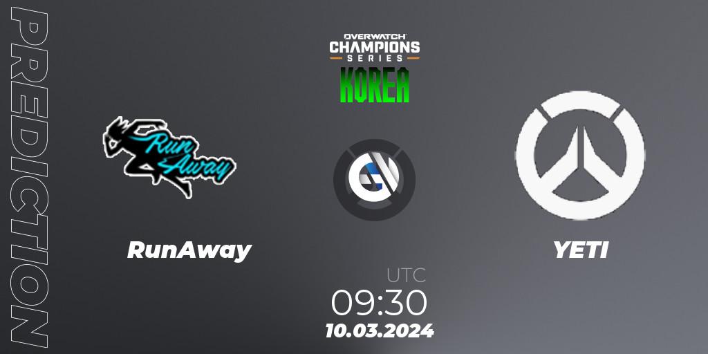 RunAway contre YETI : prédiction de match. 10.03.2024 at 09:30. Overwatch, Overwatch Champions Series 2024 - Stage 1 Korea
