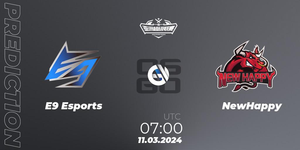 E9 Esports contre NewHappy : prédiction de match. 11.03.2024 at 08:00. Counter-Strike (CS2), Asian Super League Season 2