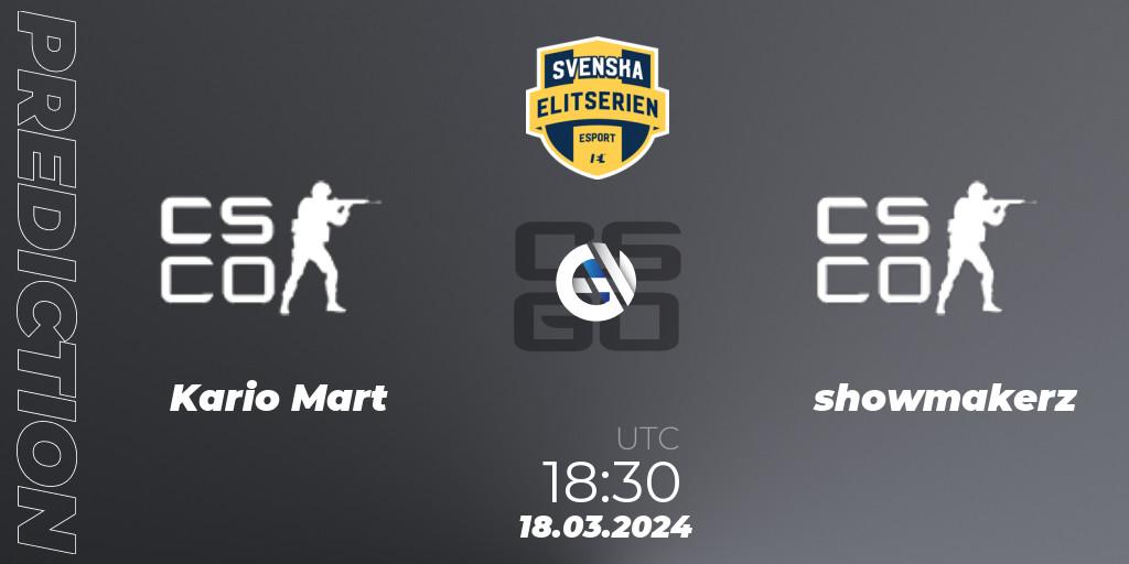 Kario Mart contre showmakerz : prédiction de match. 18.03.2024 at 18:30. Counter-Strike (CS2), Svenska Elitserien Spring 2024