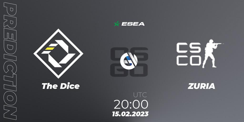 The Dice contre ZURIA : prédiction de match. 15.02.2023 at 20:00. Counter-Strike (CS2), ESEA Season 44: Advanced Division - Europe