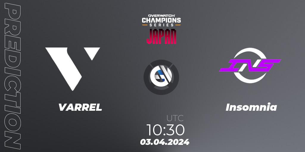 VARREL contre Insomnia : prédiction de match. 03.04.2024 at 10:30. Overwatch, Overwatch Champions Series 2024 - Stage 1 Japan