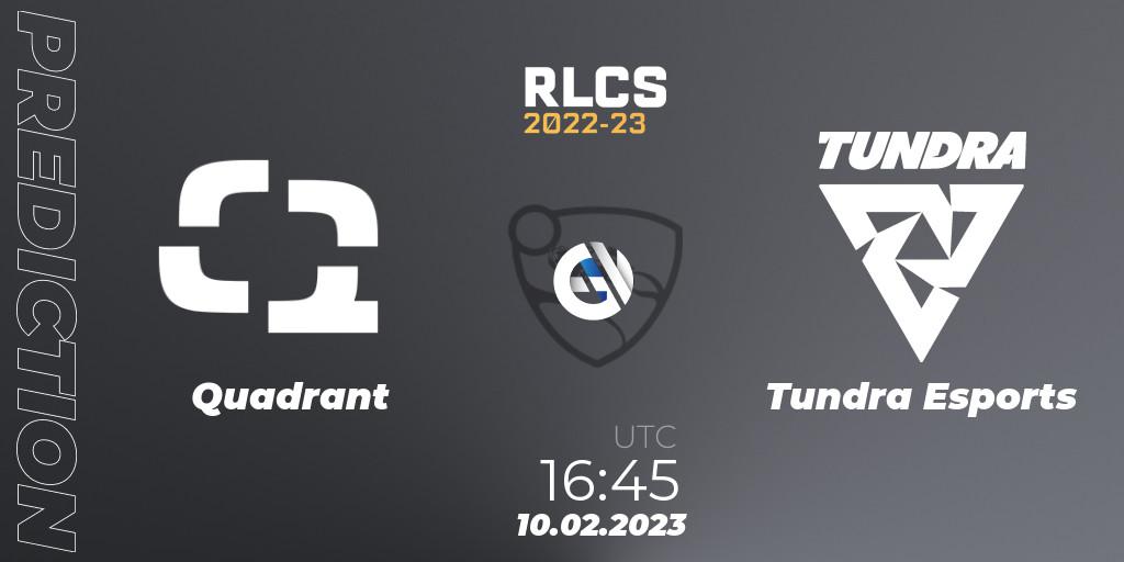 Quadrant contre Tundra Esports : prédiction de match. 10.02.2023 at 16:45. Rocket League, RLCS 2022-23 - Winter: Europe Regional 2 - Winter Cup