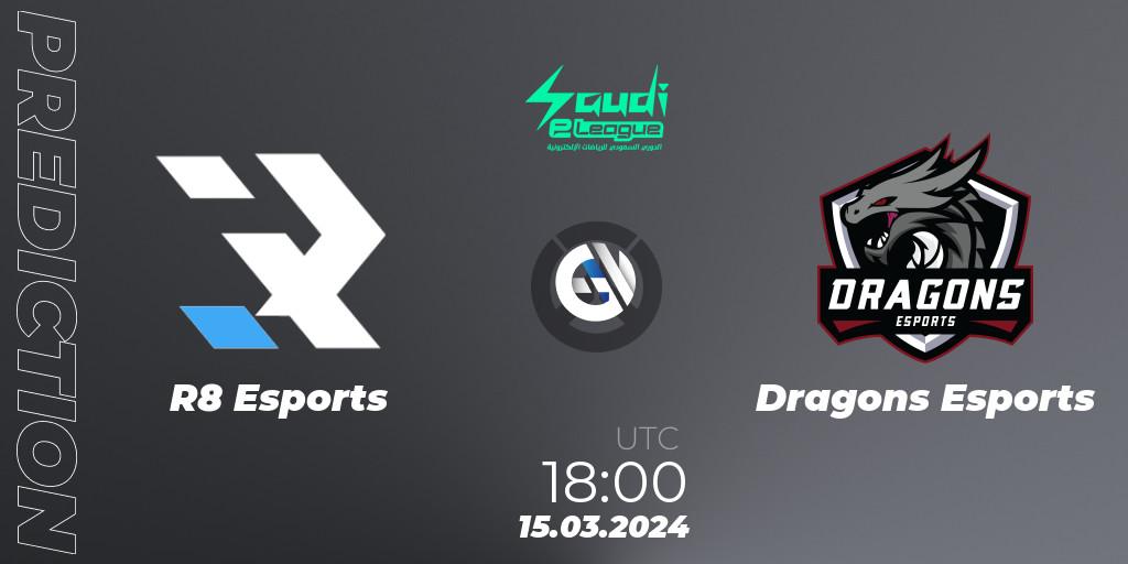 R8 Esports contre Dragons Esports : prédiction de match. 15.03.2024 at 18:30. Overwatch, Saudi eLeague 2024 - Major 1 / Phase 2