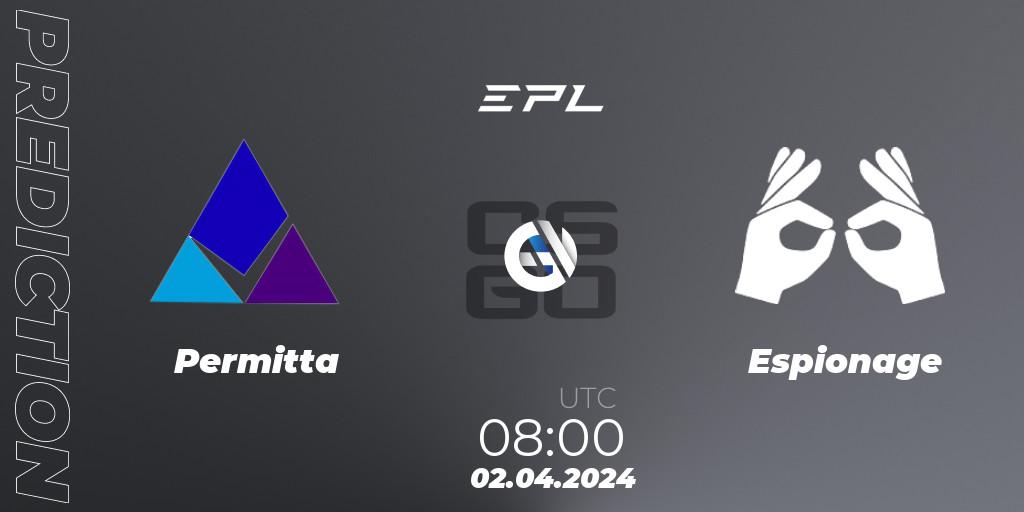 Permitta contre Espionage : prédiction de match. 02.04.2024 at 08:00. Counter-Strike (CS2), European Pro League Season 16: Division 2