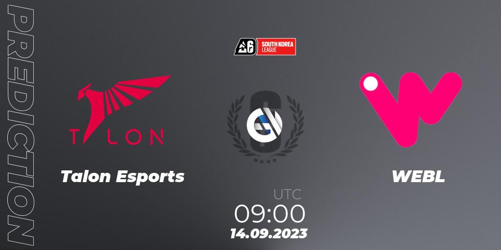 Talon Esports contre WEBL : prédiction de match. 14.09.2023 at 09:00. Rainbow Six, South Korea League 2023 - Stage 2