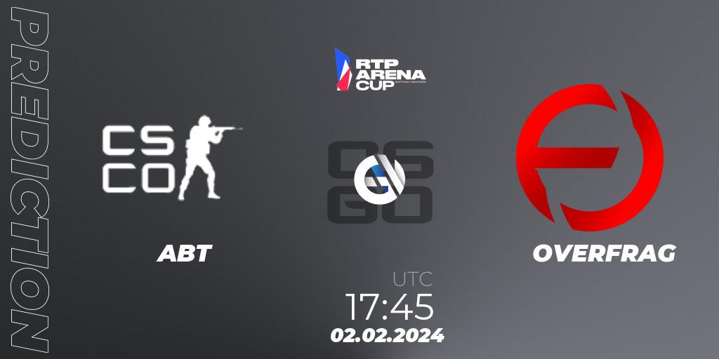 ABT contre OVERFRAG : prédiction de match. 02.02.2024 at 17:20. Counter-Strike (CS2), RTP Arena Cup 2024