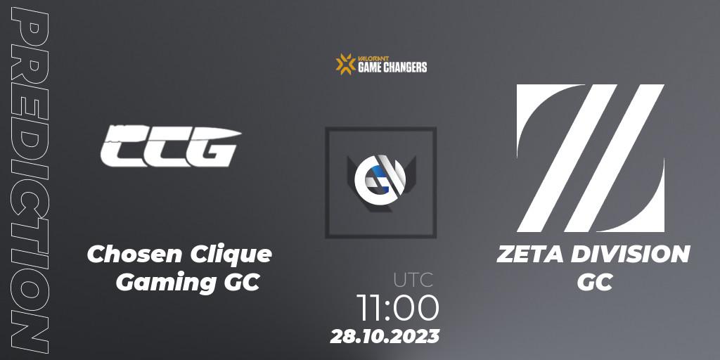 Chosen Clique Gaming GC contre ZETA DIVISION GC : prédiction de match. 28.10.2023 at 11:00. VALORANT, VCT 2023: Game Changers East Asia