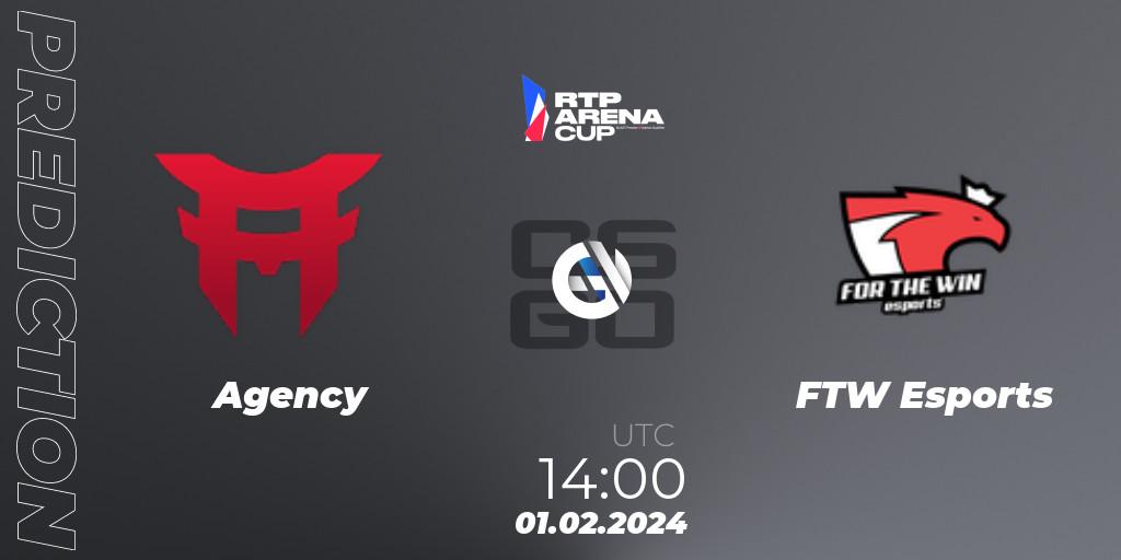 Agency contre FTW Esports : prédiction de match. 01.02.2024 at 14:00. Counter-Strike (CS2), RTP Arena Cup 2024