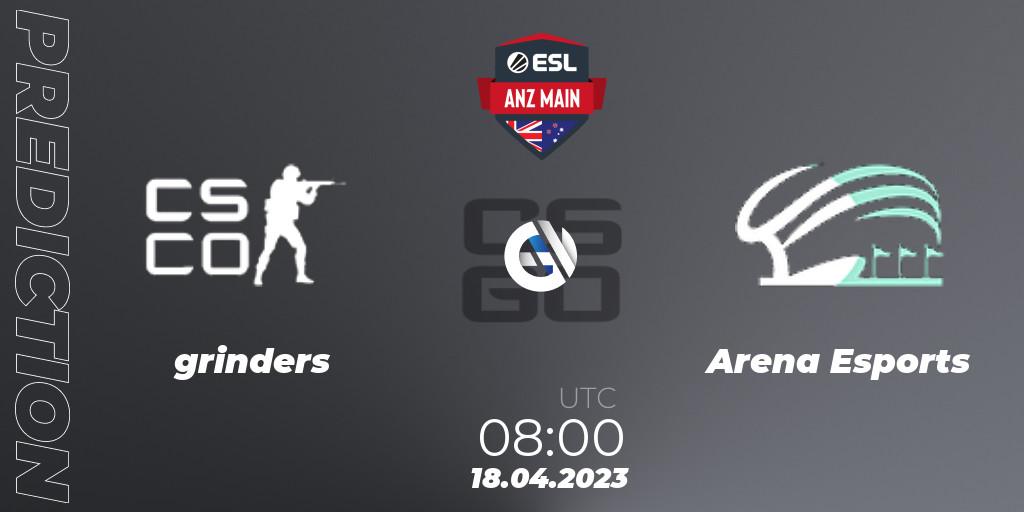 grinders contre Arena Esports : prédiction de match. 18.04.2023 at 08:00. Counter-Strike (CS2), ESL ANZ Main Season 16