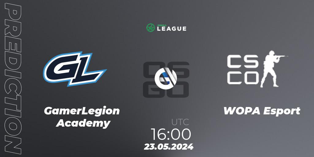 GamerLegion Academy contre WOPA Esport : prédiction de match. 23.05.2024 at 16:00. Counter-Strike (CS2), ESEA Season 49: Advanced Division - Europe