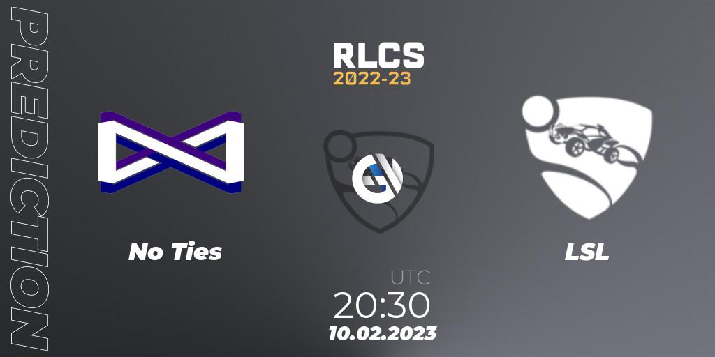 No Ties contre LSL : prédiction de match. 10.02.2023 at 20:30. Rocket League, RLCS 2022-23 - Winter: South America Regional 2 - Winter Cup