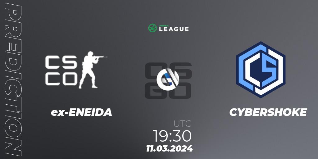 ex-ENEIDA contre CYBERSHOKE : prédiction de match. 11.03.2024 at 18:00. Counter-Strike (CS2), ESEA Season 48: Advanced Division - Europe