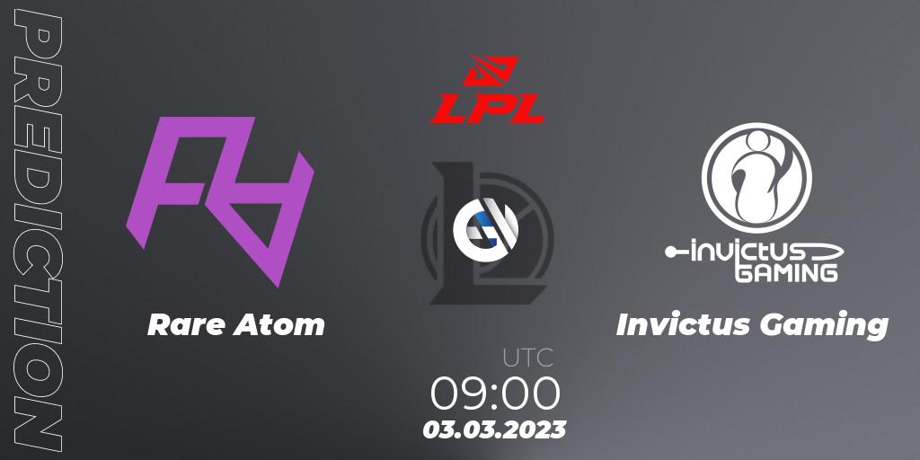 Rare Atom contre Invictus Gaming : prédiction de match. 03.03.2023 at 09:00. LoL, LPL Spring 2023 - Group Stage