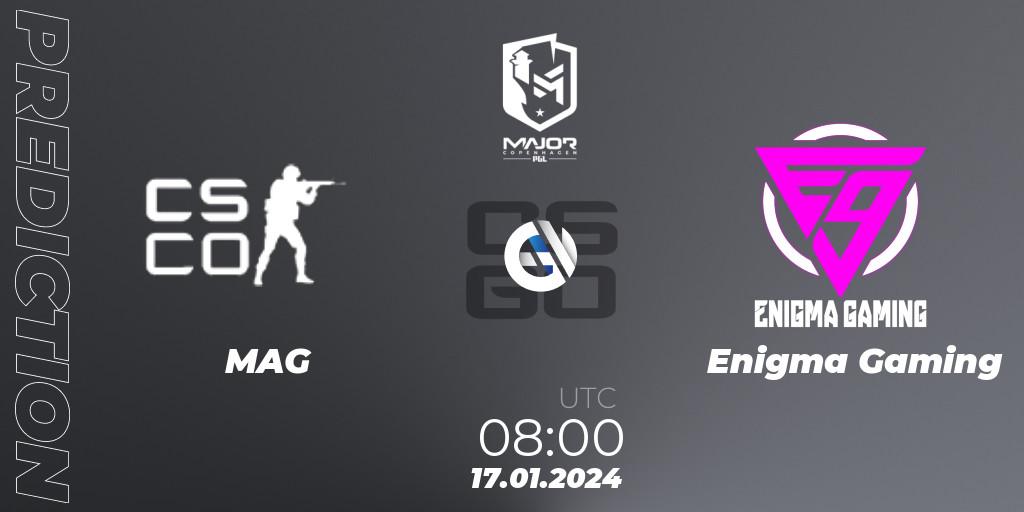 MAG contre Enigma Gaming : prédiction de match. 17.01.2024 at 08:00. Counter-Strike (CS2), PGL CS2 Major Copenhagen 2024 Asia RMR Open Qualifier