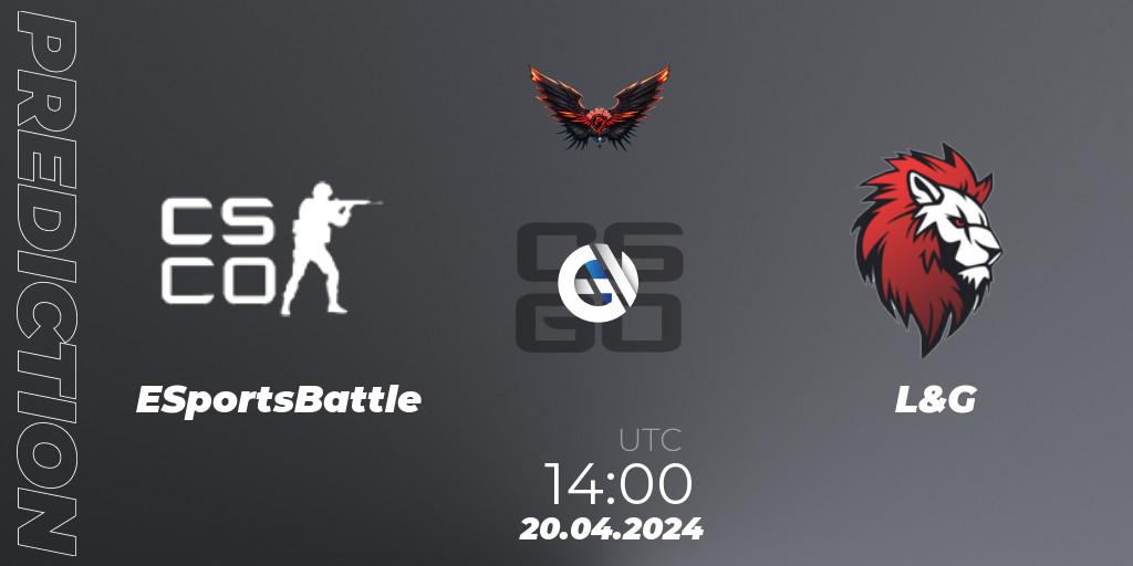 ESportsBattle contre L&G : prédiction de match. 20.04.2024 at 14:00. Counter-Strike (CS2), Dragon Esports Club Cup