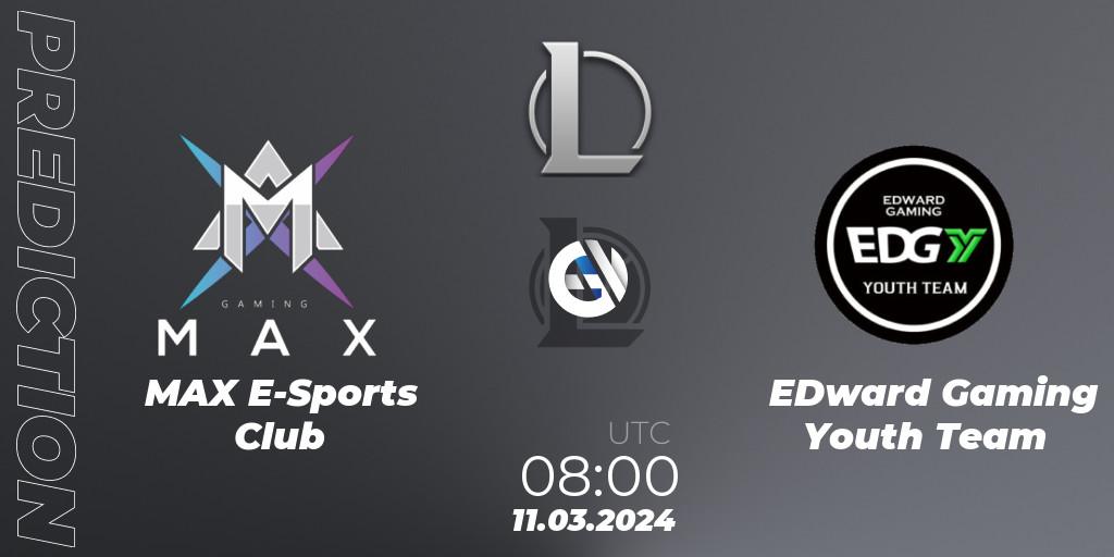 MAX E-Sports Club contre EDward Gaming Youth Team : prédiction de match. 11.03.2024 at 08:00. LoL, LDL 2024 - Stage 1