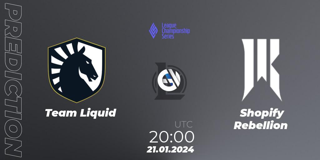 Team Liquid contre Shopify Rebellion : prédiction de match. 21.01.2024 at 20:00. LoL, LCS Spring 2024 - Group Stage