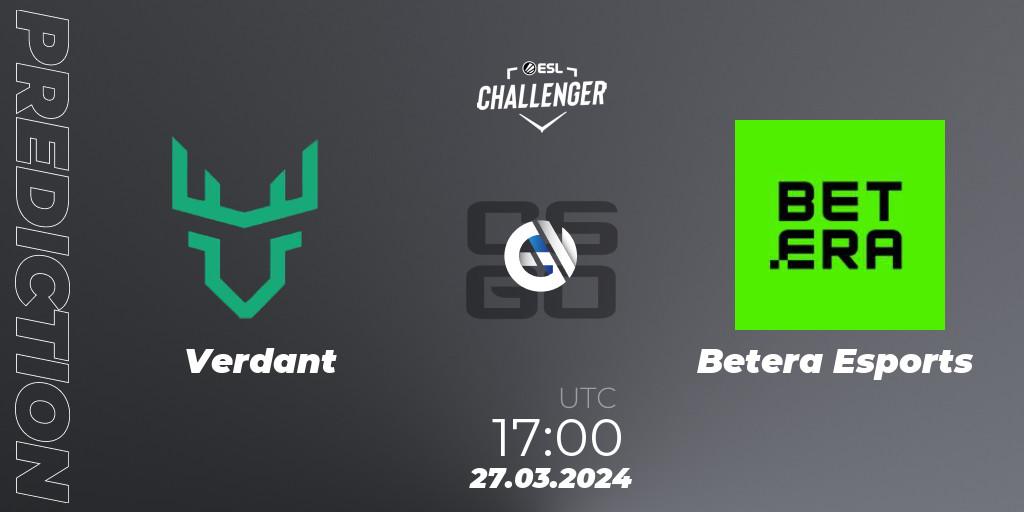 Verdant contre Betera Esports : prédiction de match. 27.03.2024 at 17:00. Counter-Strike (CS2), ESL Challenger #57: European Open Qualifier