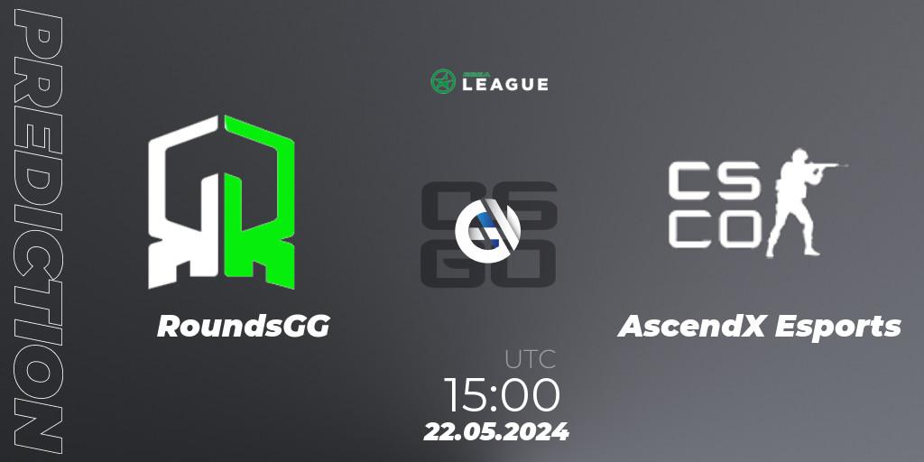 RoundsGG contre AscendX Esports : prédiction de match. 22.05.2024 at 15:00. Counter-Strike (CS2), ESEA Season 49: Advanced Division - Europe