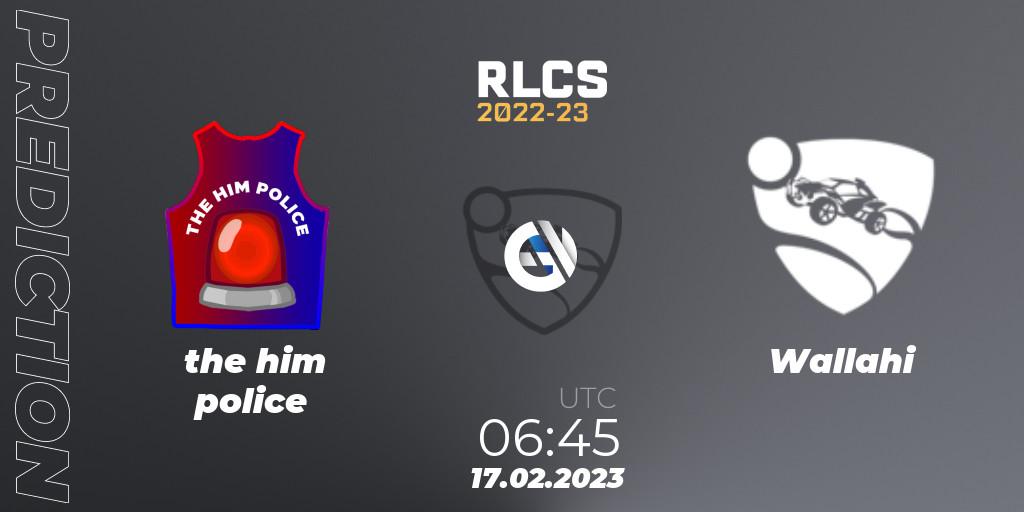 the him police contre Wallahi : prédiction de match. 17.02.2023 at 06:45. Rocket League, RLCS 2022-23 - Winter: Oceania Regional 2 - Winter Cup