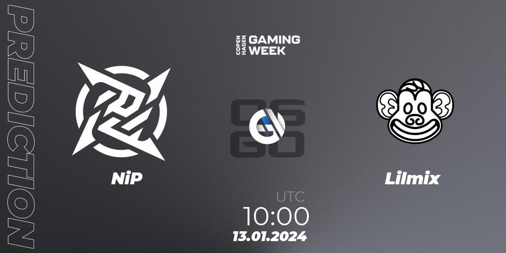 NiP contre Lilmix : prédiction de match. 13.01.2024 at 10:00. Counter-Strike (CS2), Copenhagen Gaming Week 2024