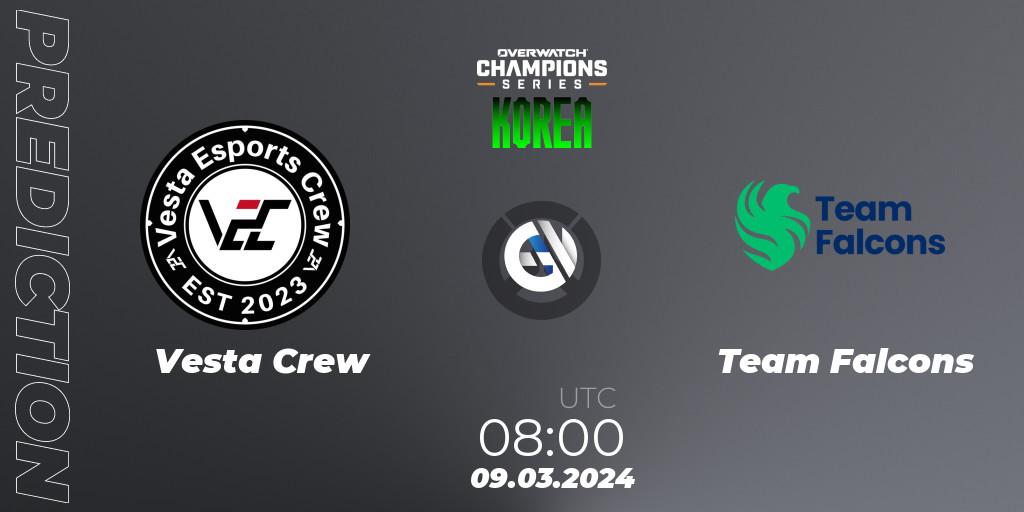 Vesta Crew contre Team Falcons : prédiction de match. 09.03.2024 at 08:00. Overwatch, Overwatch Champions Series 2024 - Stage 1 Korea