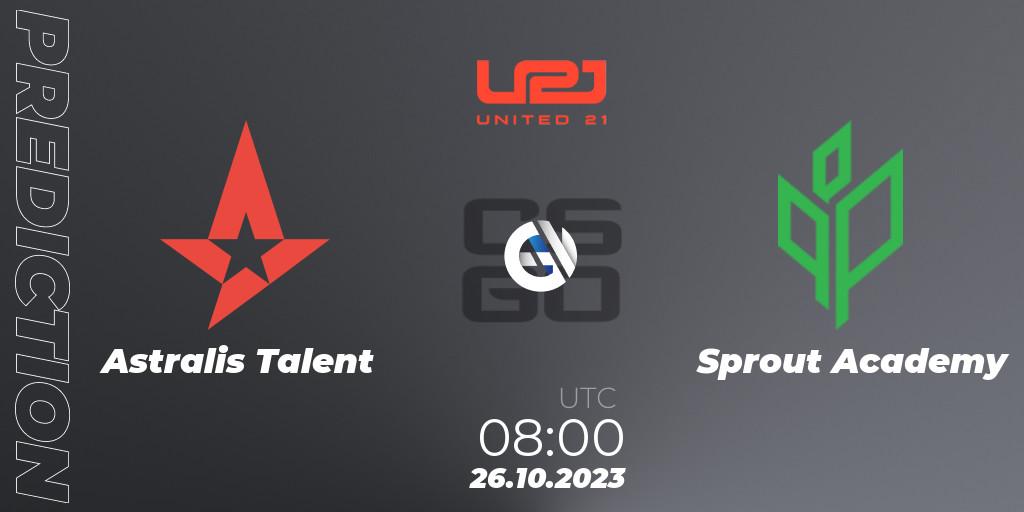 Astralis Talent contre Sprout Academy : prédiction de match. 26.10.2023 at 08:00. Counter-Strike (CS2), United21 Season 7