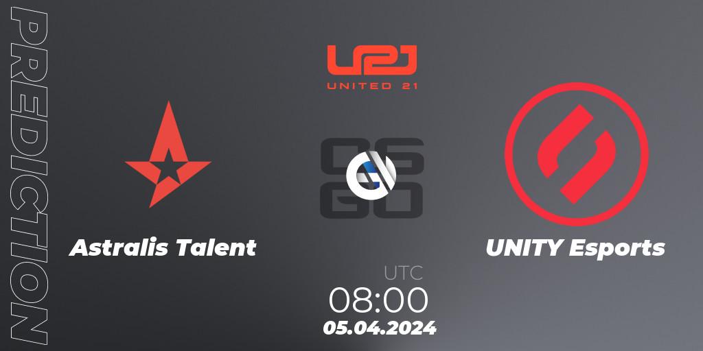 Astralis Talent contre UNITY Esports : prédiction de match. 05.04.2024 at 14:00. Counter-Strike (CS2), United21 Season 14