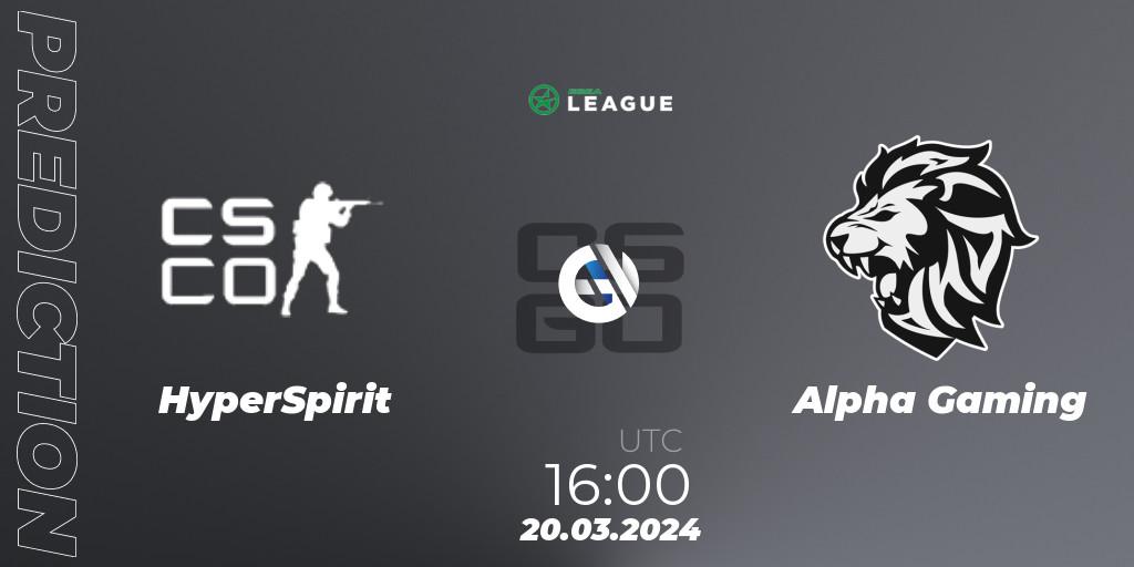 HyperSpirit contre Alpha Gaming : prédiction de match. 20.03.2024 at 16:00. Counter-Strike (CS2), ESEA Season 48: Main Division - Europe