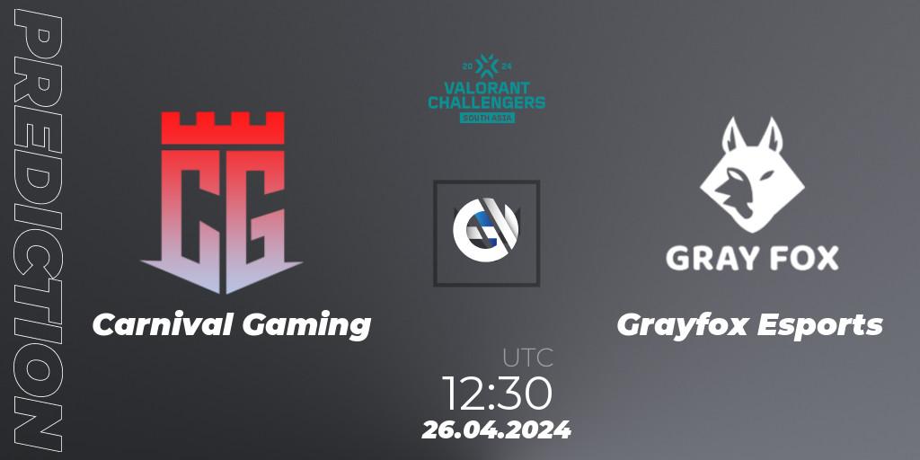 Carnival Gaming contre Grayfox Esports : prédiction de match. 26.04.2024 at 12:30. VALORANT, VALORANT Challengers 2024 South Asia: Split 1 - Cup 2
