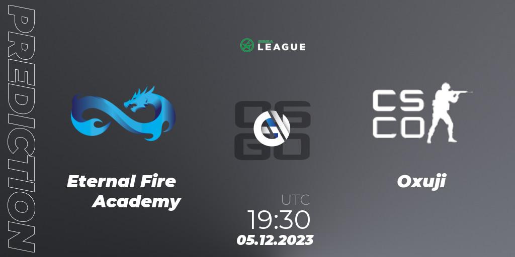 Eternal Fire Academy contre Oxuji : prédiction de match. 05.12.2023 at 19:30. Counter-Strike (CS2), ESEA Season 47: Main Division - Europe