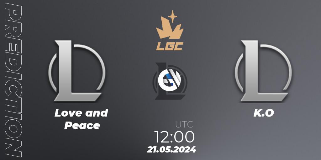 Love and Peace contre K.O : prédiction de match. 21.05.2024 at 12:00. LoL, Legend Cup 2024