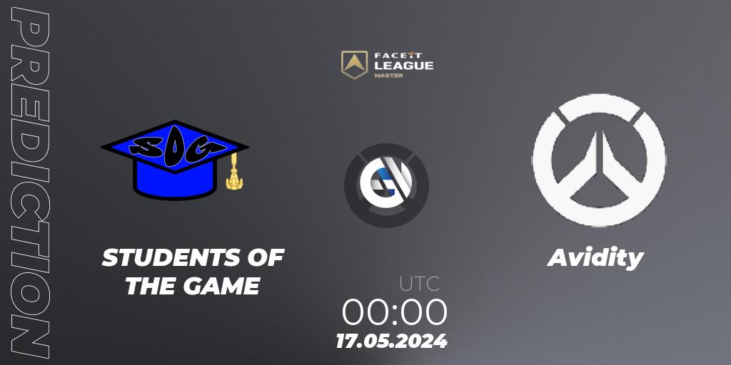 STUDENTS OF THE GAME contre Avidity : prédiction de match. 17.05.2024 at 00:00. Overwatch, FACEIT League Season 1 - NA Master Road to EWC