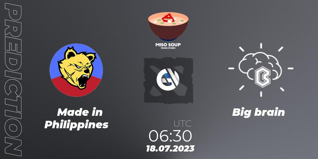 Made in Philippines contre Big brain : prédiction de match. 18.07.2023 at 06:27. Dota 2, Moon Studio Miso Soup