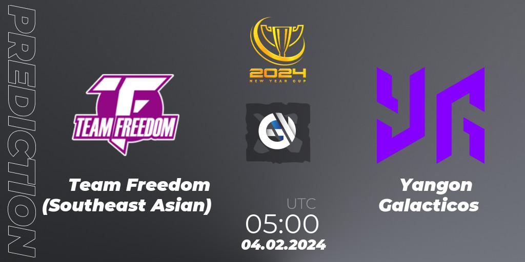 Team Freedom (Southeast Asian) contre Yangon Galacticos : prédiction de match. 04.02.2024 at 05:09. Dota 2, New Year Cup 2024
