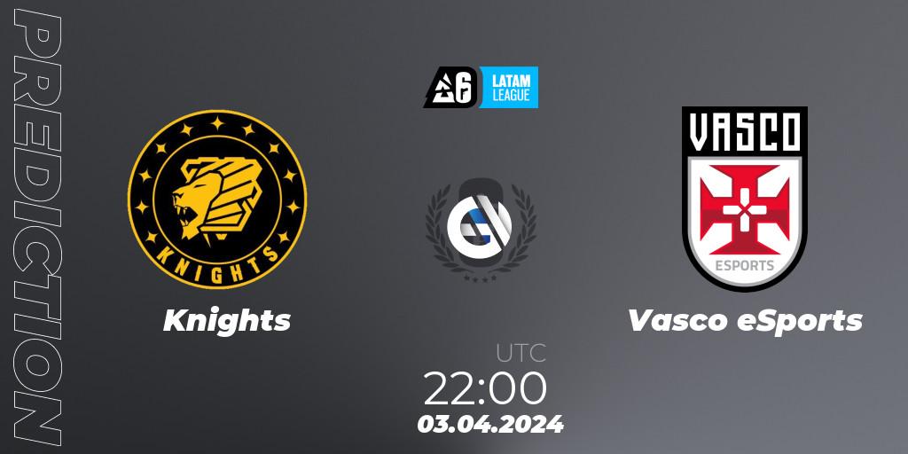 Knights contre Vasco eSports : prédiction de match. 03.04.2024 at 22:00. Rainbow Six, LATAM League 2024 - Stage 1: LATAM South