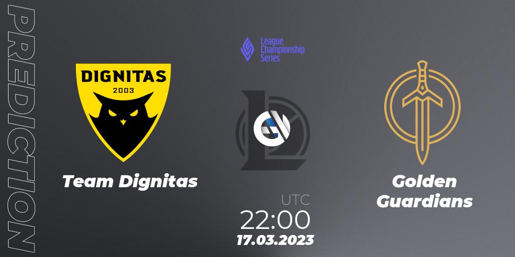 Team Dignitas contre Golden Guardians : prédiction de match. 18.03.2023 at 00:00. LoL, LCS Spring 2023 - Group Stage