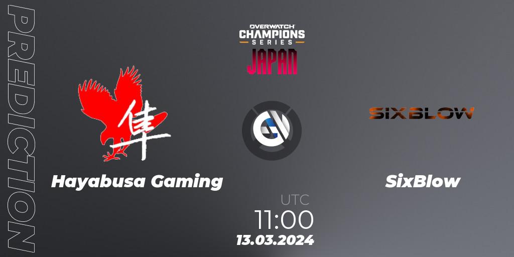 Hayabusa Gaming contre SixBlow : prédiction de match. 13.03.2024 at 12:00. Overwatch, Overwatch Champions Series 2024 - Stage 1 Japan