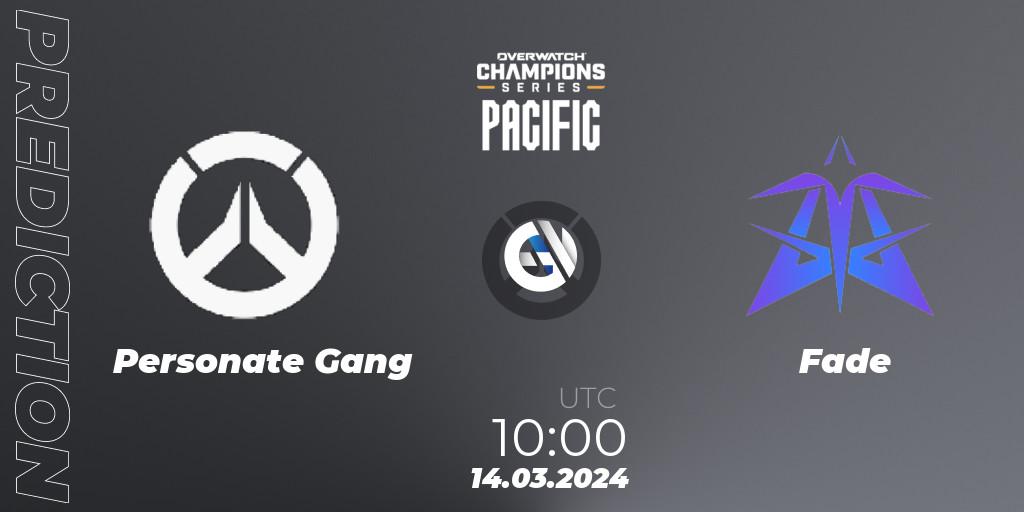 Personate Gang contre Fade : prédiction de match. 14.03.2024 at 10:00. Overwatch, Overwatch Champions Series 2024 - Stage 1 Pacific