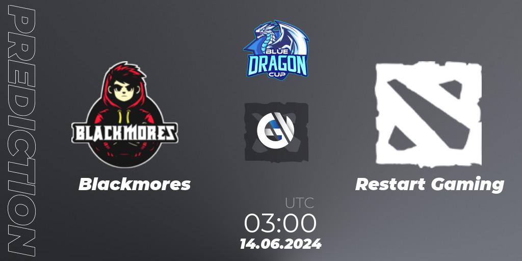 Blackmores contre Restart Gaming : prédiction de match. 17.06.2024 at 03:00. Dota 2, Blue Dragon Cup