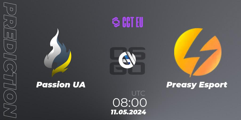 Passion UA contre Preasy Esport : prédiction de match. 11.05.2024 at 08:00. Counter-Strike (CS2), CCT Season 2 European Series #3 Play-In