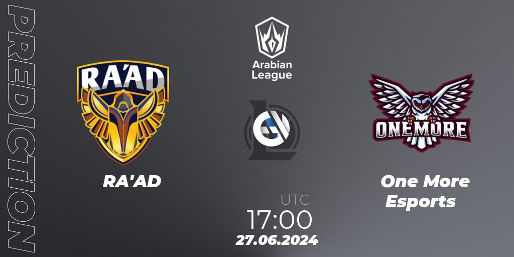RA'AD contre One More Esports : prédiction de match. 26.06.2024 at 18:00. LoL, Arabian League Summer 2024