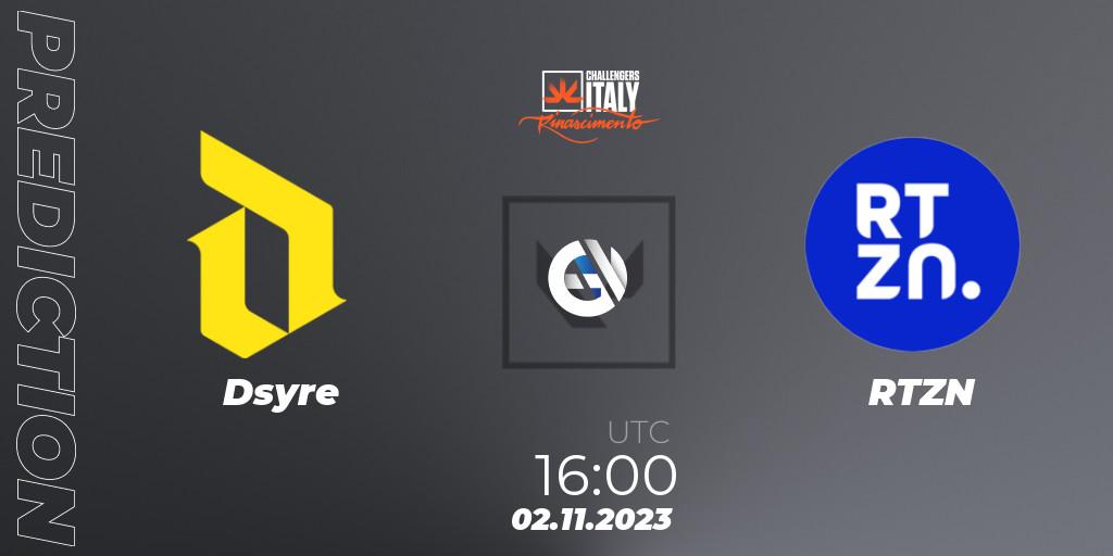Dsyre contre RTZN : prédiction de match. 02.11.2023 at 16:00. VALORANT, VALORANT Challengers 2023 Italy: ON // THE BATTLEFIELD